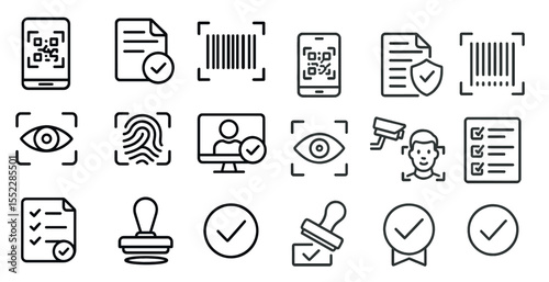 Set of icons for security and identification. The icons include a fingerprint scanner, a camera, a badge, a check mark, and a shield