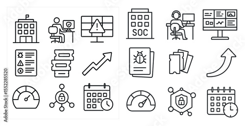 Set of icons for a computer program. The icons include a calendar, a clock, a key, a computer mouse, a building, a person, a chair, a computer monitor, a keyboard, a mouse, a book