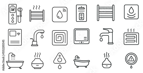 Series of icons for home appliances and fixtures, including a shower, a bathtub, a sink, a toilet, a water heater, and a thermostat