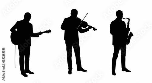 Musicians silhouettes play music with guitar, violin, and saxophone, creating artistic dark monochrome isolated white background concept.
