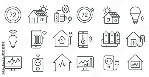 Series of icons for smart home devices, including a thermostat, a light bulb, and a cell phone