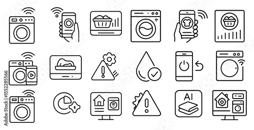 Series of icons for appliances and devices, including a washing machine, dryer, and oven