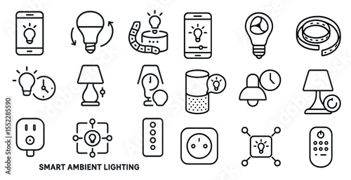 Collection of smart home lighting icons. The icons include a phone, a remote, a lamp, a clock, and a light switch