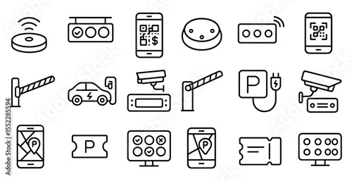 Collection of icons for various devices and services, including a car, a phone, a ticket, and a camera