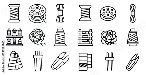 Collection of sewing supplies including scissors, needles, and thread. The image is in black and white and has a minimalist feel