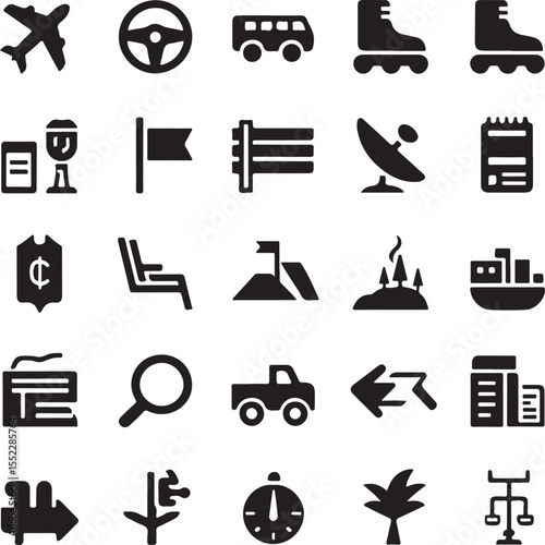 Collection of black transportation and travel icons on white background airplane steering wheel