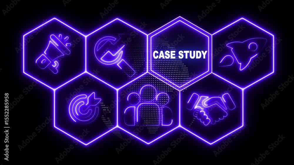 Glowing neon line Case Study business concept from a display of white hexagon shapes and symbols with a blue tint. abstract technology background with rotating world map icon