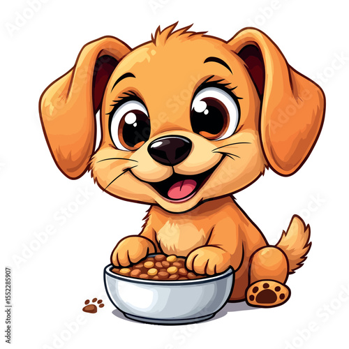 Cute Orange Puppy Sitting and Happily Eating From a White Bowl Filled With Dog Food