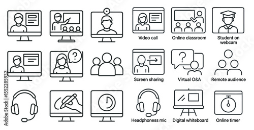 Set of icons for various online activities, including video conferencing, online classroom, web cam, and remote audience