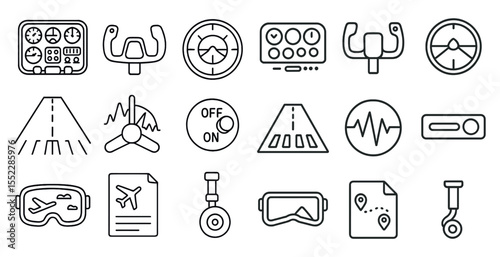 Set of icons for a plane cockpit. The icons include a joystick, a wheel, a button, and a paper