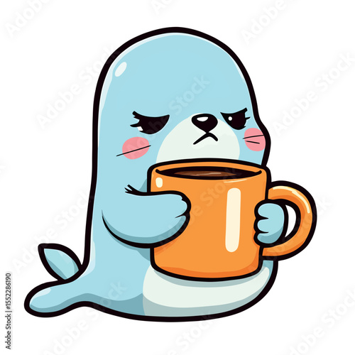 Cute Sad Seal Holding a Hot Coffee Mug Feeling Tired and Sleepy Vector Sticker