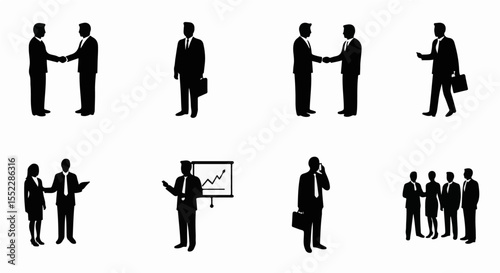 Silhouettes showcase diverse business activities from deals and presentations to meetings and phone conversations.