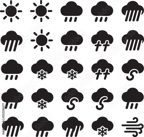 Collection of black weather icons including sun rain snow sleet and wind cloud