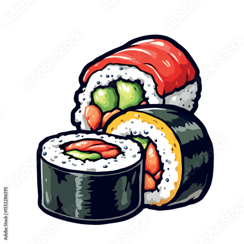 Vibrant Vector Sticker Art of Delicious Sushi Rolls with Fresh Ingredients and Rice
