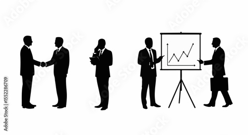 Businessmen are collaborating, with a meeting and a presentation showing growth and success in silhouette against a white backdrop.
