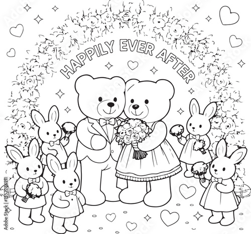 Two teddy bears in wedding attire with bunnies holding bouquets under floral arch