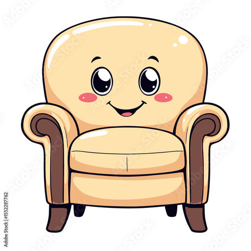 A cute cartoon armchair with a happy face and rosy cheeks in a vector sticker style