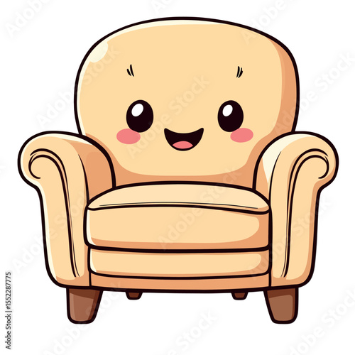 Cute kawaii cartoon cream armchair with happy smiling face and rosy cheeks vector sticker