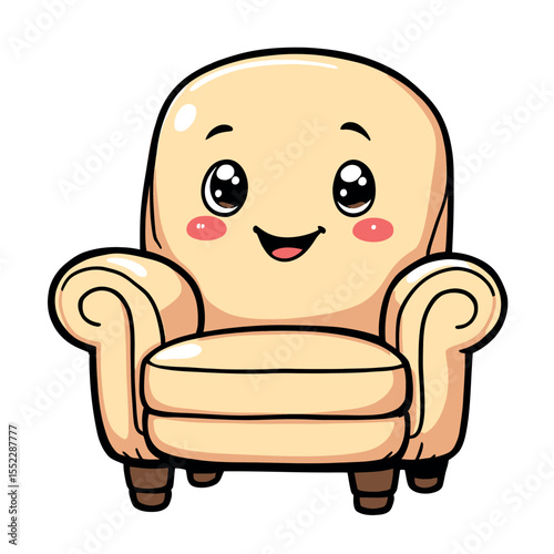 Cute Cream Colored Armchair With Happy Face And Blushing Cheeks Vector Sticker Art