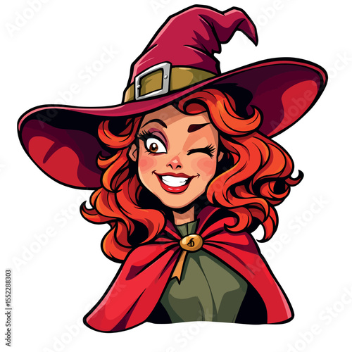 Charming Winking Witch Wearing a Red Hat and Cloak with Fiery Red Hair