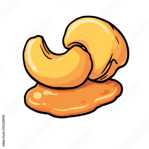 Illustration of two delicious golden cashews with a glistening liquid element suggesting sweetness or flavor a delightful nut vector sticker concept