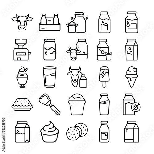Collection of Dairy Product Icons in Outline Style Including Milk Ice Cream and More