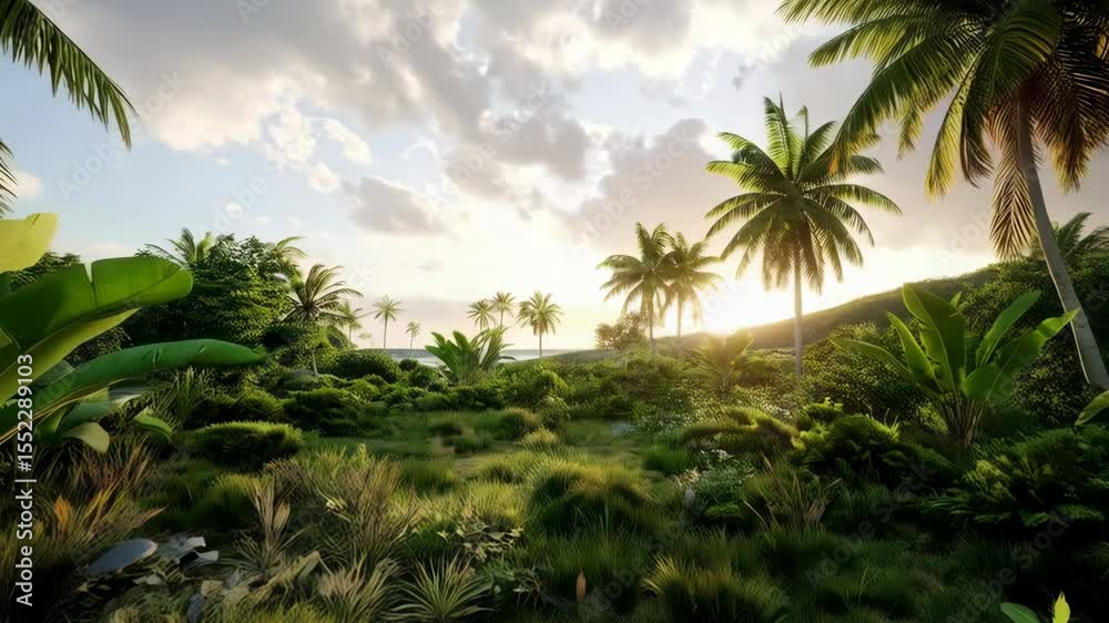 Tropical vista featuring palm trees, lush green ground cover, and a beautiful sunset on a summer day with fluffy clouds.