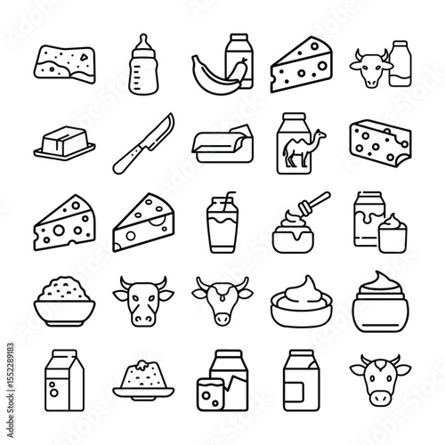 Collection of Dairy Products and Related Items in Simple Line Art Style