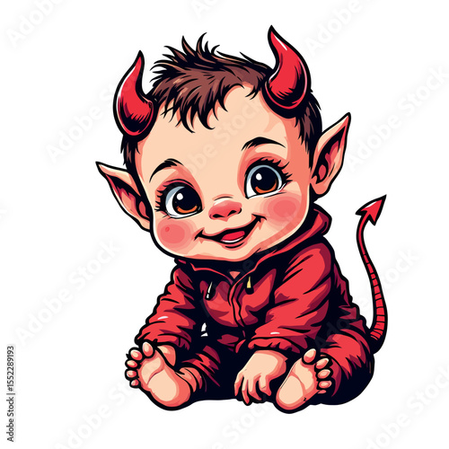 Cute Little Devil Baby in Red Outfit Vector Sticker Artwork Character Design