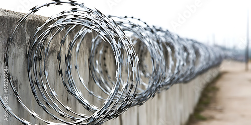 Razor wire atop a concrete wall. A long line of sharp protection, safety and security. Keep out and protection concept.