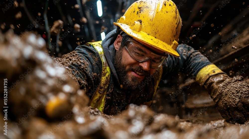 Fototapeta premium This image showcases a gritty construction scene where a worker is immersed in thick mud, highlighting the physical challenges and dedication required in manual labor.
