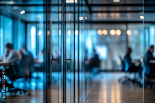 Blurred background of a bright, modern office interior with people working  