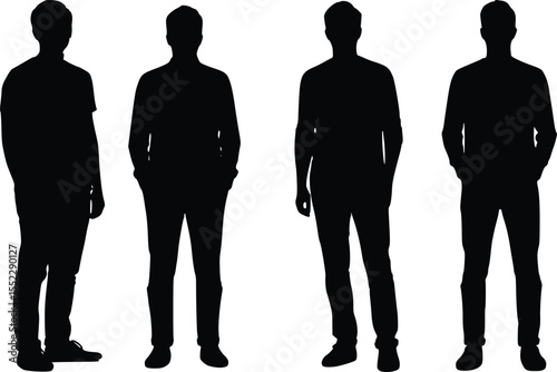 Vector Silhouettes of four standing men create a striking design element for various creative projects and visual narratives.