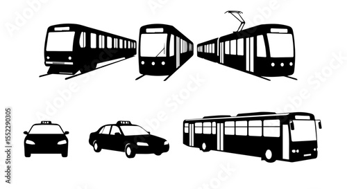 Various modes of public transportation including trains, trams, buses, and taxis, presented in a sleek, minimalist vector design.