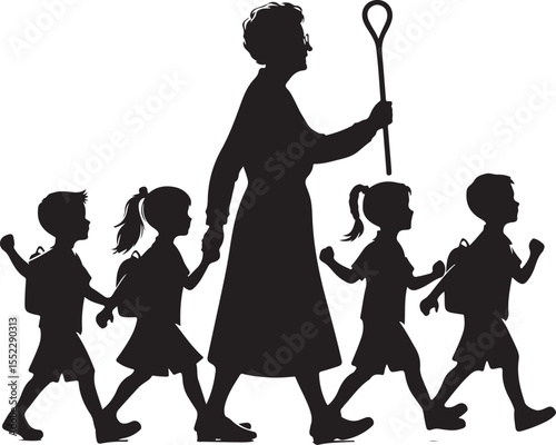 grandma Leading Children Silhouette.
Silhouette of Kids Marching Behind Grandma,  Family Generations Vector.new 2025 trendy