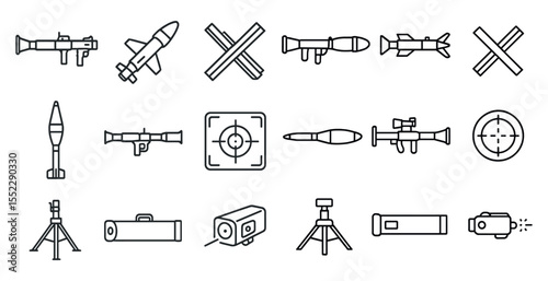 Collection of military weapons and equipment, including a rifle, a rocket, and a camera. Concept of war and conflict, with the various weapons and equipment representing the tools of destruction