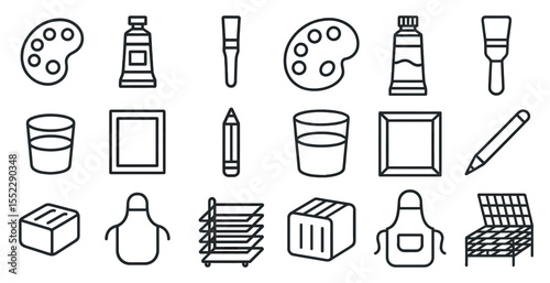 Collection of art tools and materials, such as a paintbrush, a cup, a box, a frame, and a chair. These items are essential for creating and displaying artwork