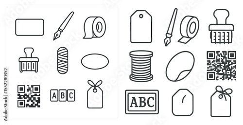 Collection of items including a pen, scissors, tape, and a qr code. The items are arranged in a grid, with some items overlapping each other. Scene is one of organization and productivity