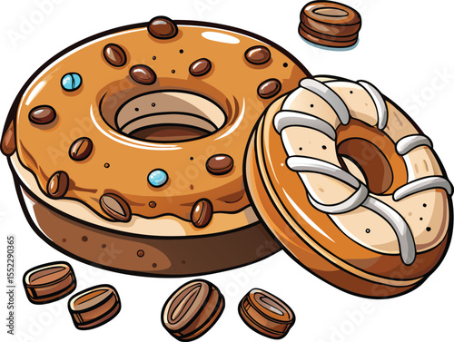 Cartoon Donut with Light Chocolate Glaze,  Cute Dessert Illustration