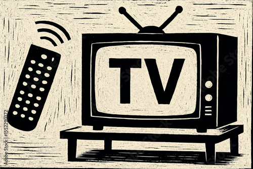 Retro vintage TV illustration with a remote control and antenna, black and white sketch style, symbolizing entertainment, graphics icon set