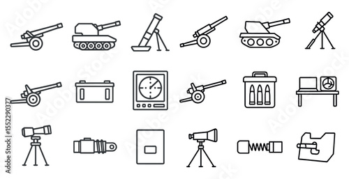 Collection of military and scientific icons. The icons include a tank, a gun, a telescope, a compass, and a laptop. Scene is one of technology and warfare