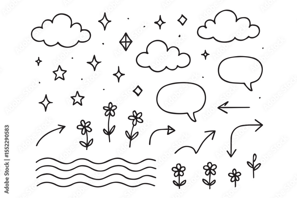 Obraz premium Hand drawn clouds, stars, arrows, and flowers, perfect for whimsical and nature inspired designs with speech bubbles for communication, graphics icon set