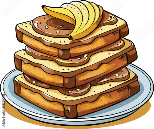 Cartoon Stack of Three Chocolate Sandwich Slices,  Cute Snack Illustration.
Stacked Banana Chocolate Toast.new 2025 trendy