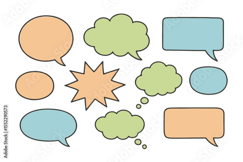 pastel speech bubbles, stars, and thought clouds in pink, green, blue, and yellow, ideal for creative designs, graphics icon set