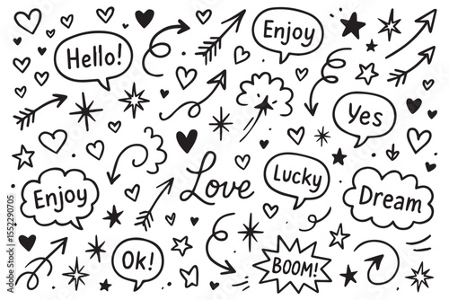 creative love hearts arrows stars doodle design with positive thoughts and motivational words like dream and lucky graphics icon set