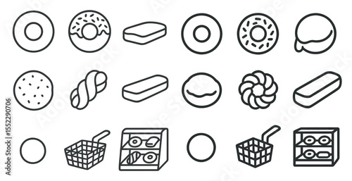 Series of donuts and other pastries are shown in a black and white style. The donuts are arranged in a variety of shapes and sizes, with some being round and others being more elongated