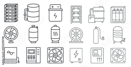 Collection of various objects and symbols related to electricity and cooling systems. The objects include a fan, a battery, a refrigerator, a water heater, and a computer