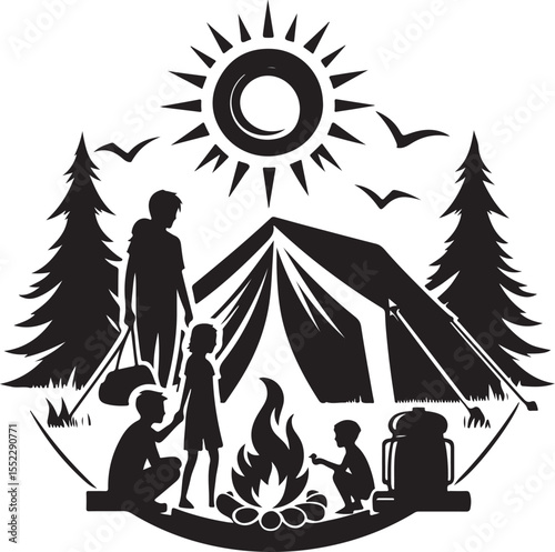 Family Camping Silhouette Vector,  Outdoor Reunion and Bonfire Night Scene.new 2025 trendy