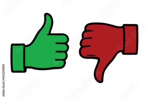 Green and red thumbs icons, showing positive and negative feedback, approval and disapproval, easy to understand symbols, graphics icon set