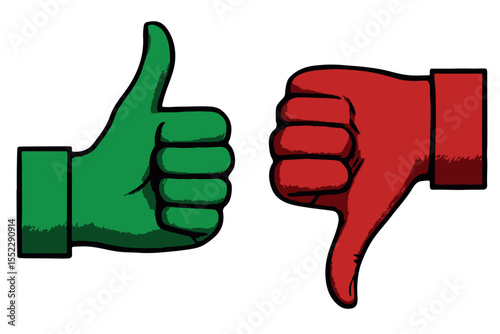 Illustration of green thumbs up and red thumbs down icons, symbolizing approval and disapproval, positive and negative feedback, graphics icon set